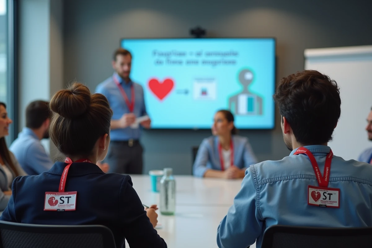 Formation de sauveteurs secouristes du travail en salle avec badges SST et présentation de premiers secours