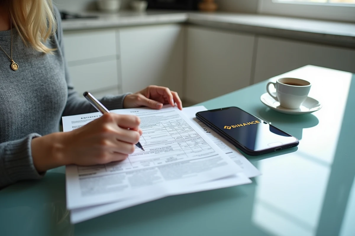 Femme remplissant une déclaration fiscale française avec un smartphone affichant l'application Binance sur une table de cuisine