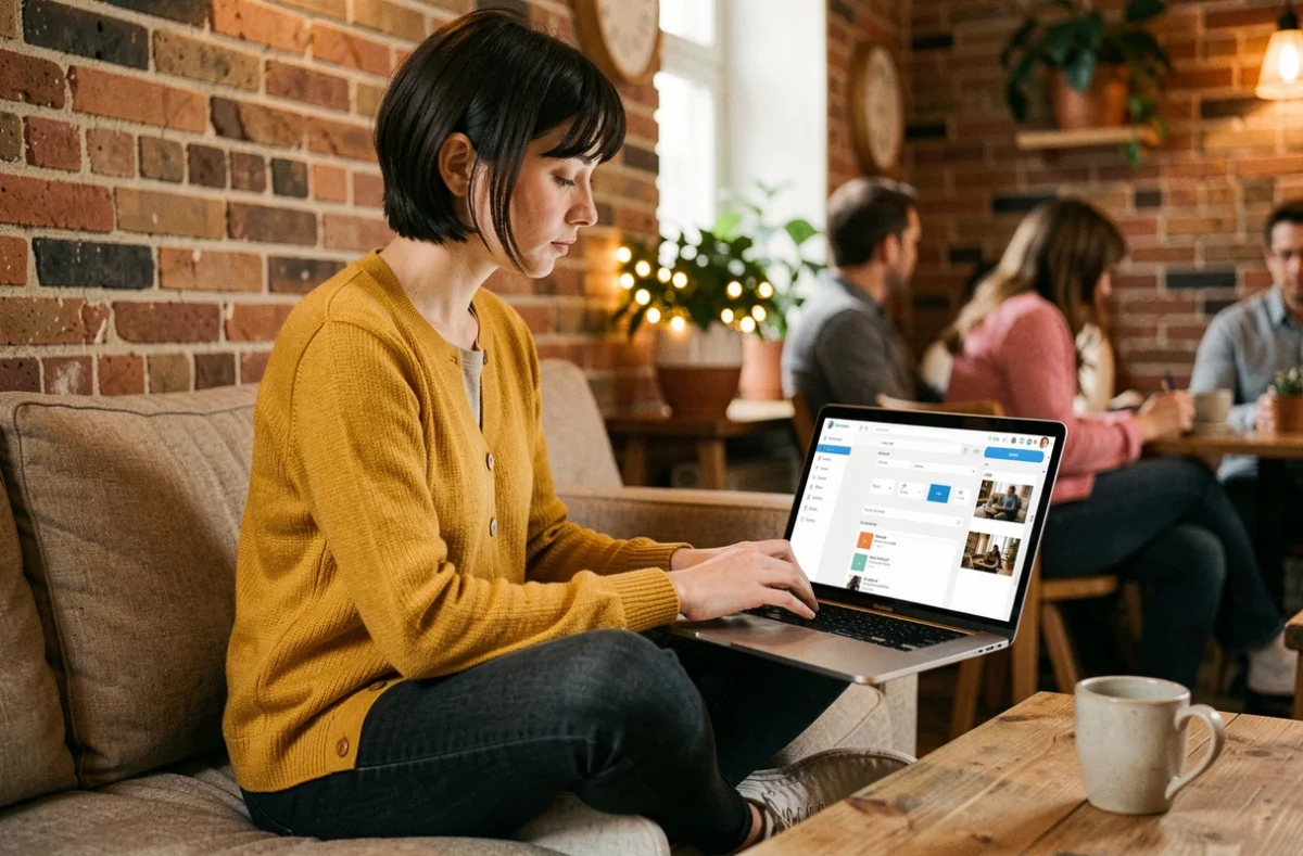 Jeune freelance créant un site web avec un outil de construction en ligne dans un café cosy