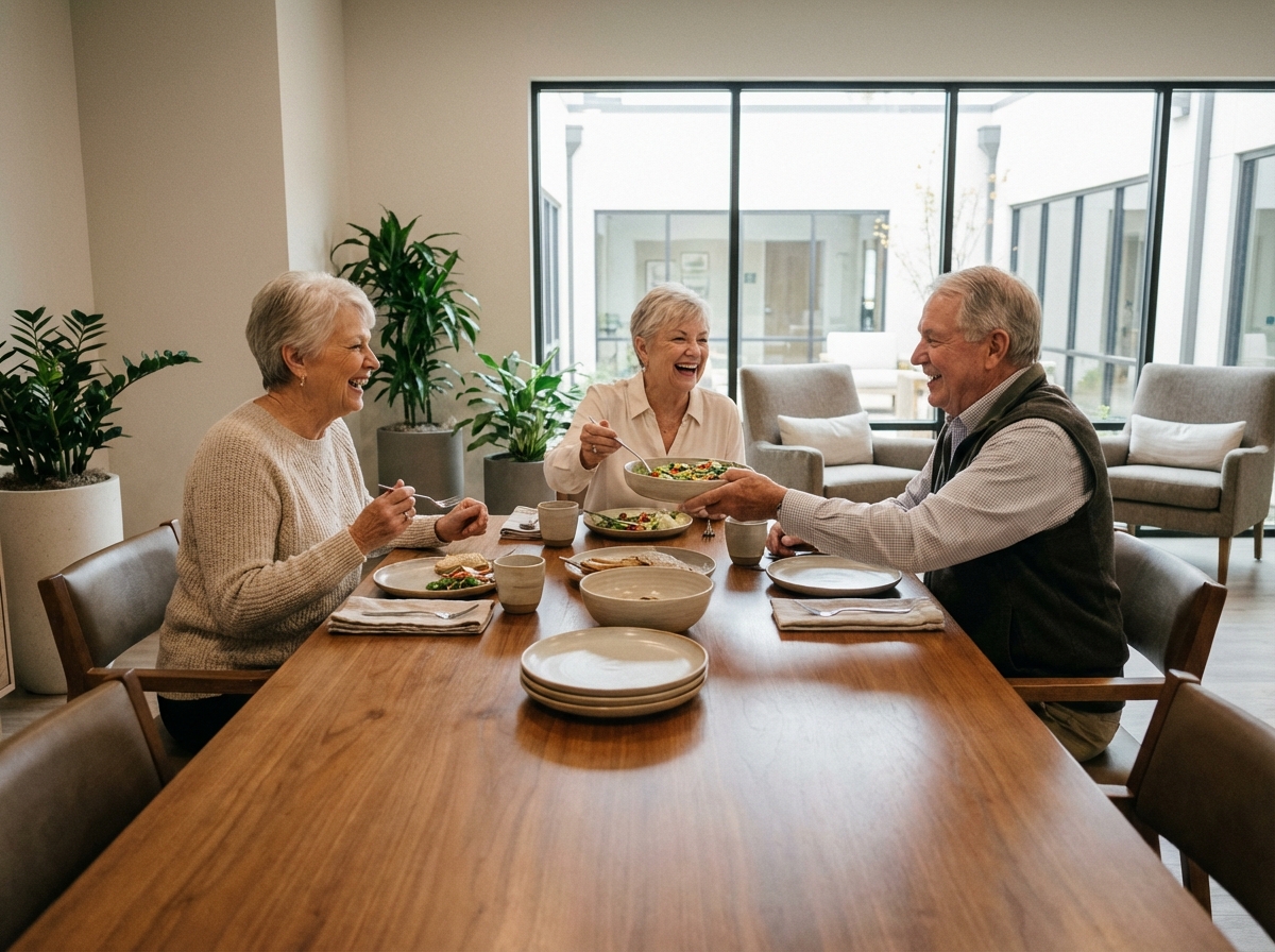 Groupe de seniors partageant un repas convivial dans un salon