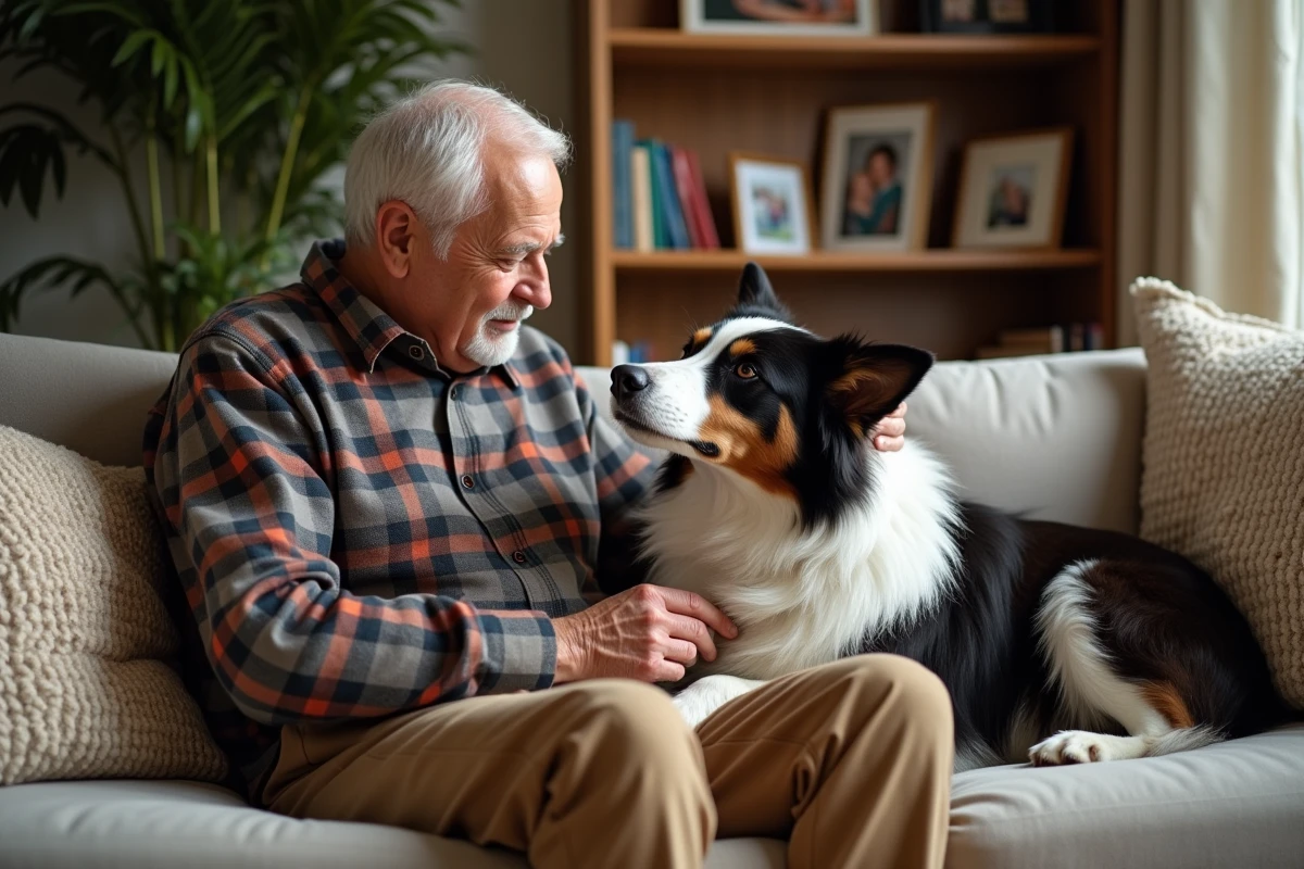 Homme âgé brossant son border collie dans le salon