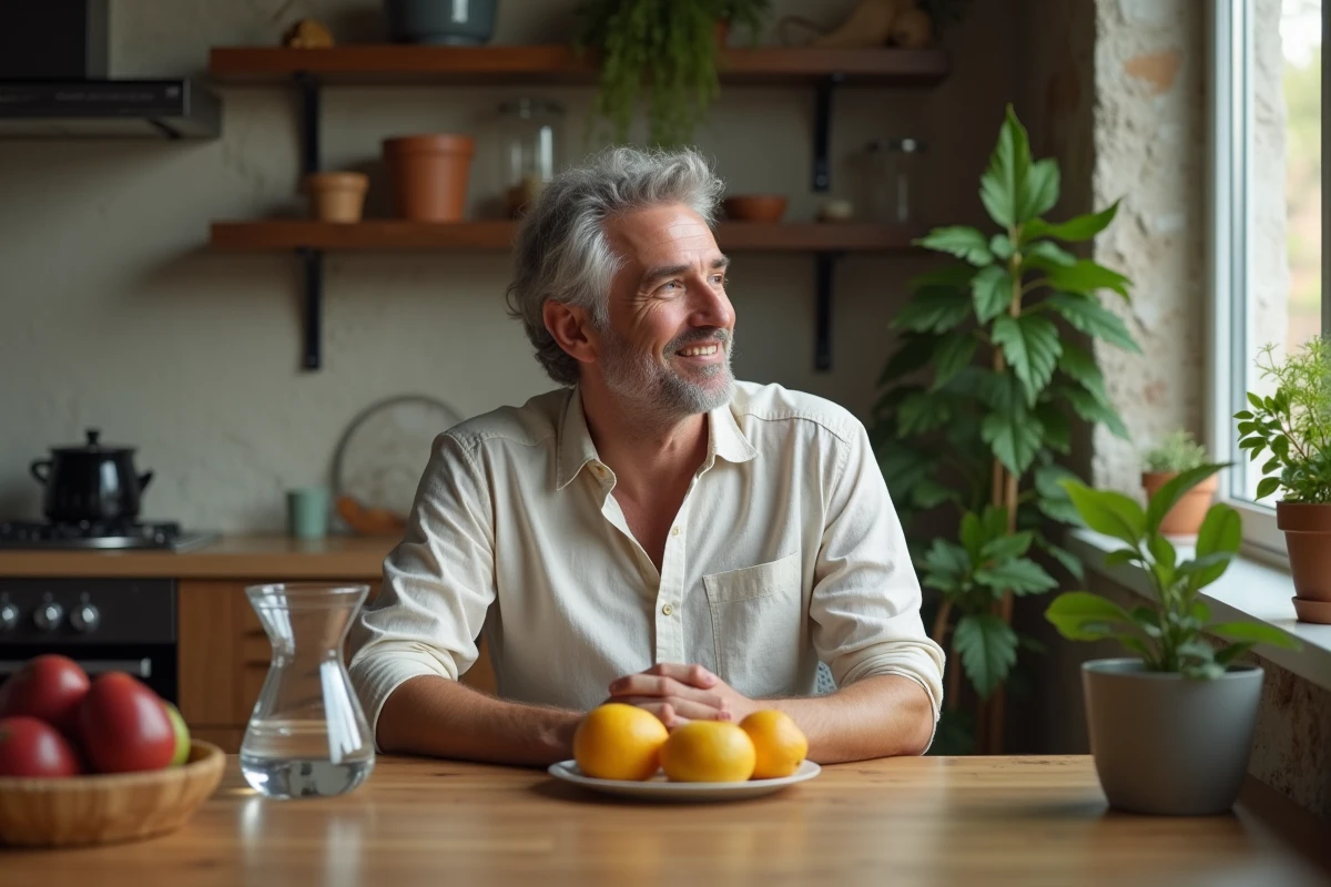 Homme assis à la table de cuisine avec fruits et carafe