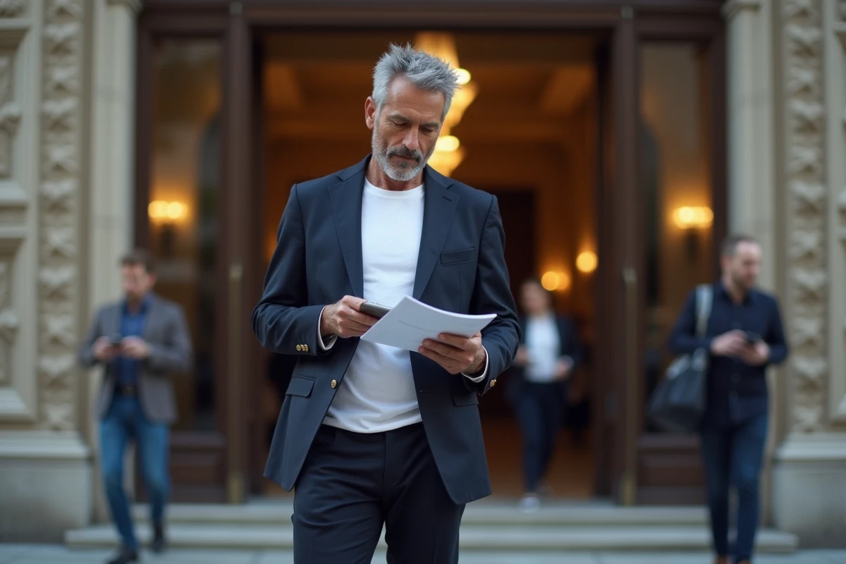 Homme devant une salle de concert tenant un programme, soirée culturelle et tendances musicales contemporaines