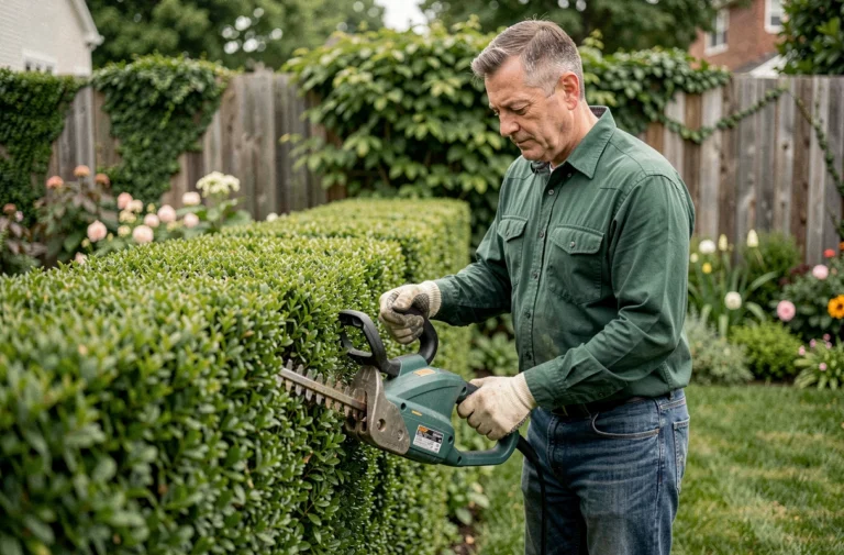 Homme utilisant un taille-haie électrique filaire pour tailler une haie de buis dans un jardin bien entretenu