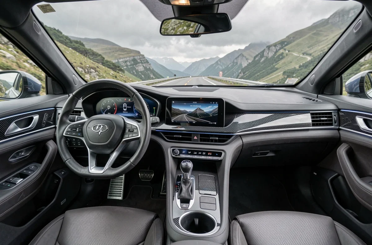 Intérieur high-tech d'une voiture de sport hybride avec tableau de bord numérique et vue sur route de montagne