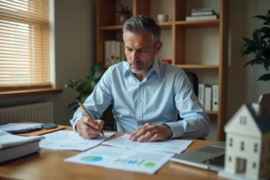 Investisseur immobilier analysant des documents Pinel sur un bureau en bois dans un bureau à domicile
