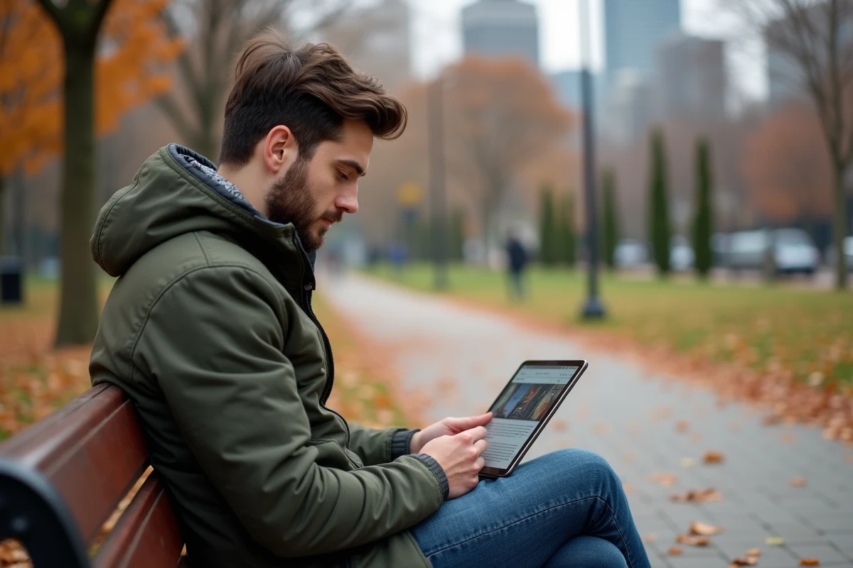 Jeune homme lisant les actualités locales sur une tablette dans un parc urbain en automne