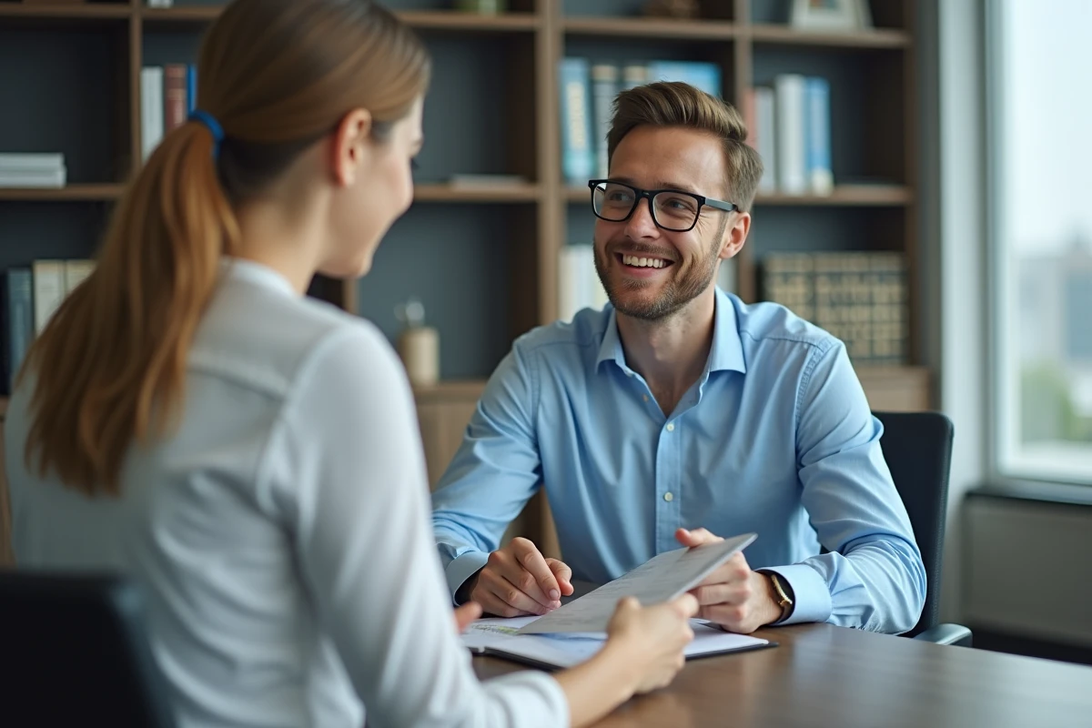 Jeune homme discutant avec conseiller en assurance au bureau
