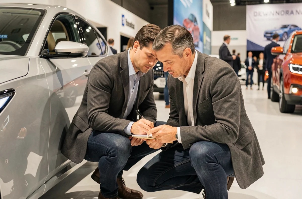 Journaliste automobile masculin examinant un SUV concept lors d'un salon automobile intérieur avec carnet de notes