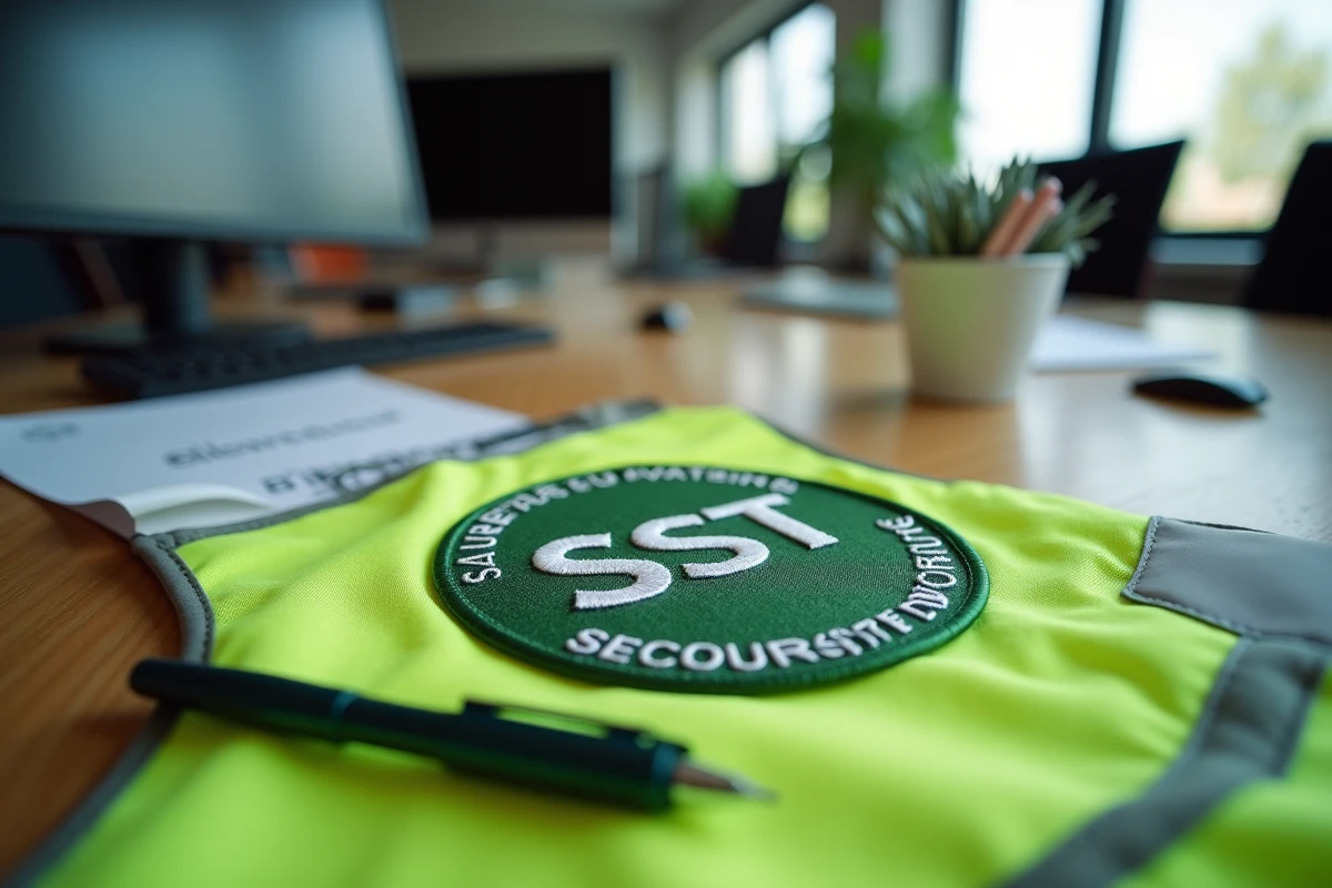 Gros plan du logo SST brodé sur un gilet de sécurité posé sur un bureau avec un manuel de formation