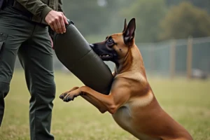 Malinois belge mordant un manchon d'entraînement lors d'un exercice de morsure avec un éducateur canin en extérieur