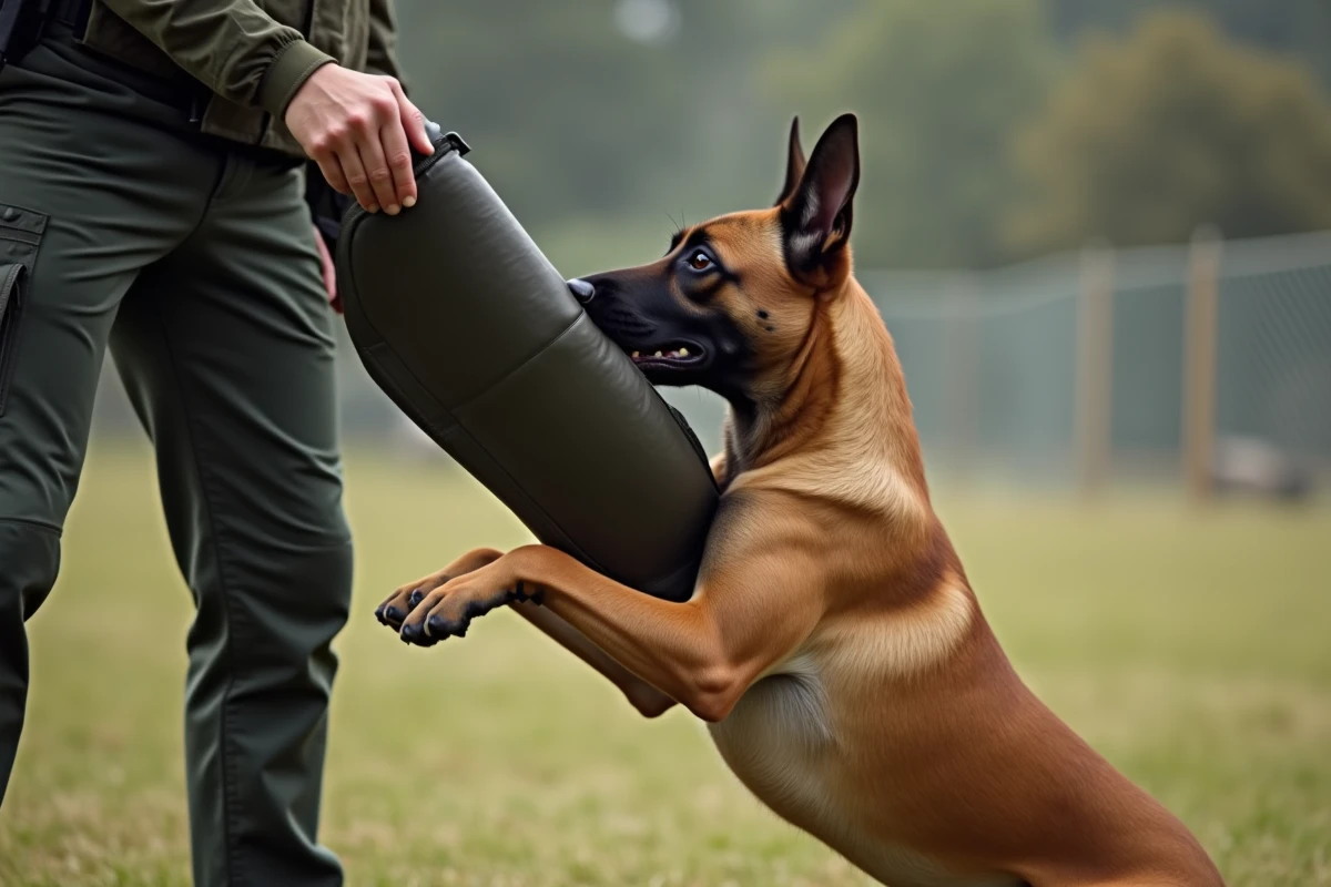 Malinois belge mordant un manchon d'entraînement lors d'un exercice de morsure avec un éducateur canin en extérieur