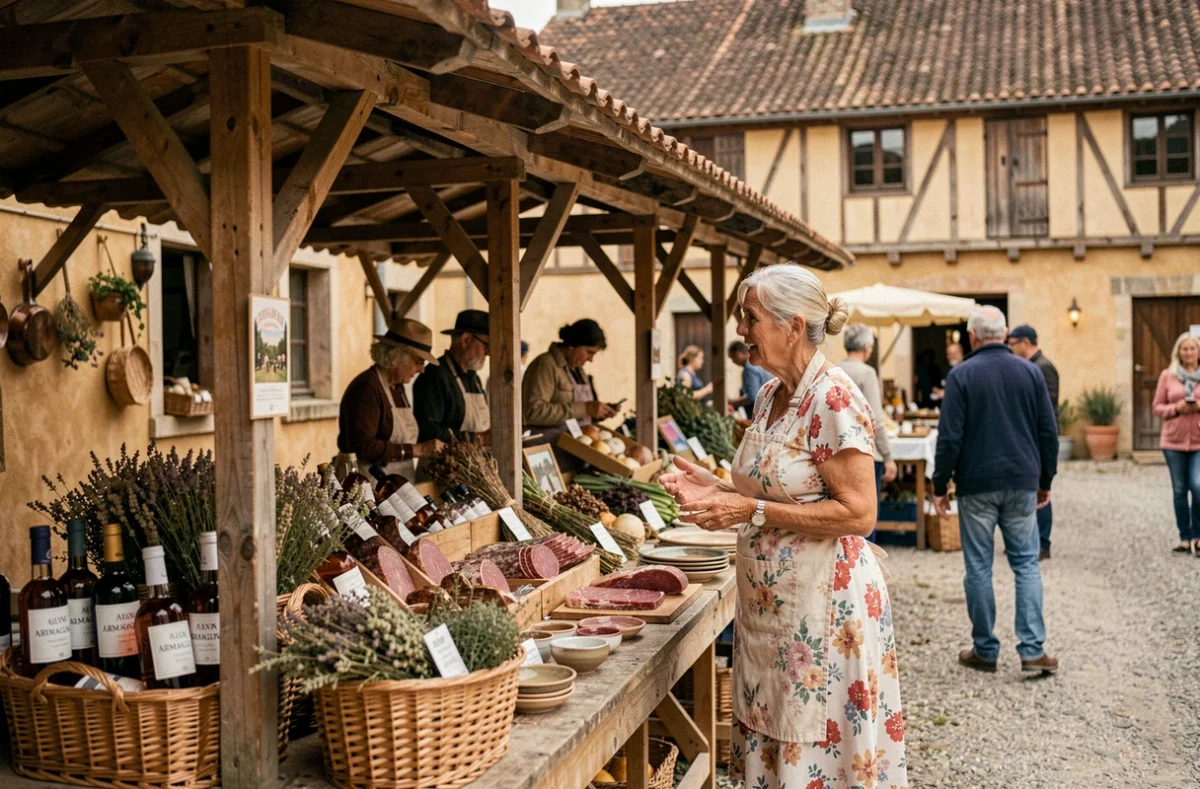 Marché artisanal gascon sur la place de Vic-Fezensac avec producteurs locaux et bouteilles d'Armagnac