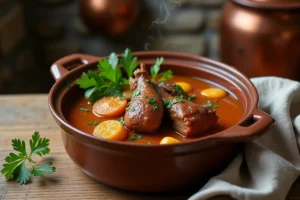 Bol rustique de pied de porc braisé aux légumes racines dans une cuisine campagnarde française, riche en collagène