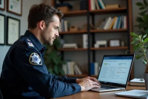 Policier en uniforme utilisant la plateforme eCampus Police nationale sur un ordinateur portable dans un bureau