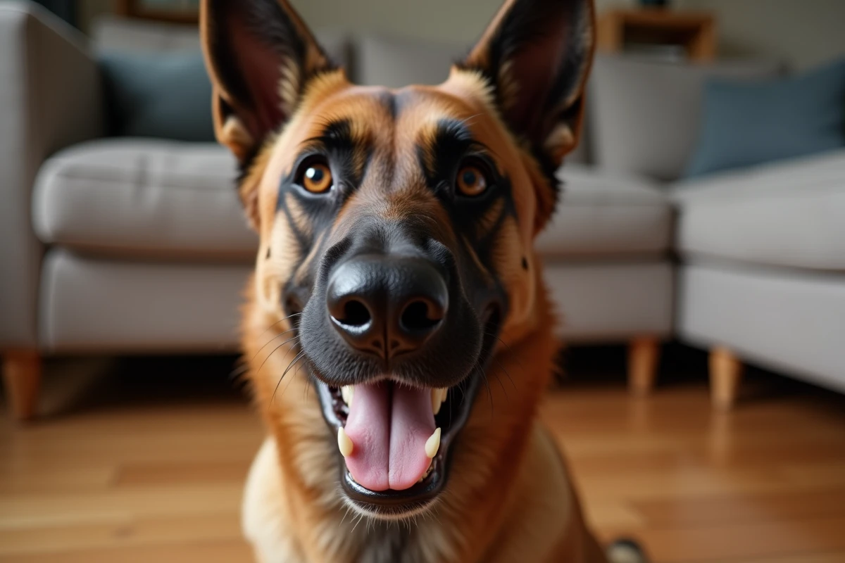 Portrait rapproché d'un malinois belge à la maison montrant ses dents et sa mâchoire puissante dans un cadre domestique