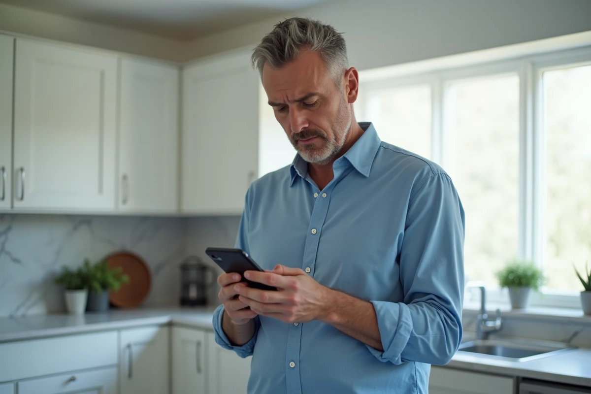 Homme consultant son smartphone face à un problème d'authentification sur un compte personnel dans une cuisine moderne