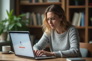 Femme frustrée devant un écran d'ordinateur portable affichant une erreur de connexion à un compte en ligne