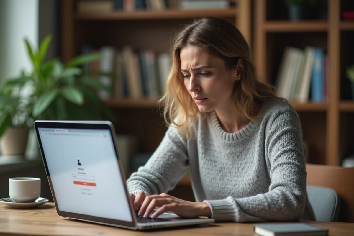 Femme frustrée devant un écran d'ordinateur portable affichant une erreur de connexion à un compte en ligne