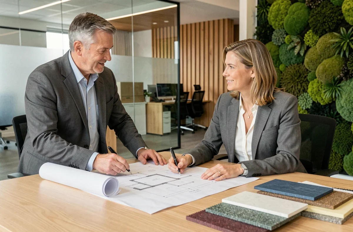 Deux professionnels de l'habitat examinant des plans et matériaux innovants dans un studio de design contemporain