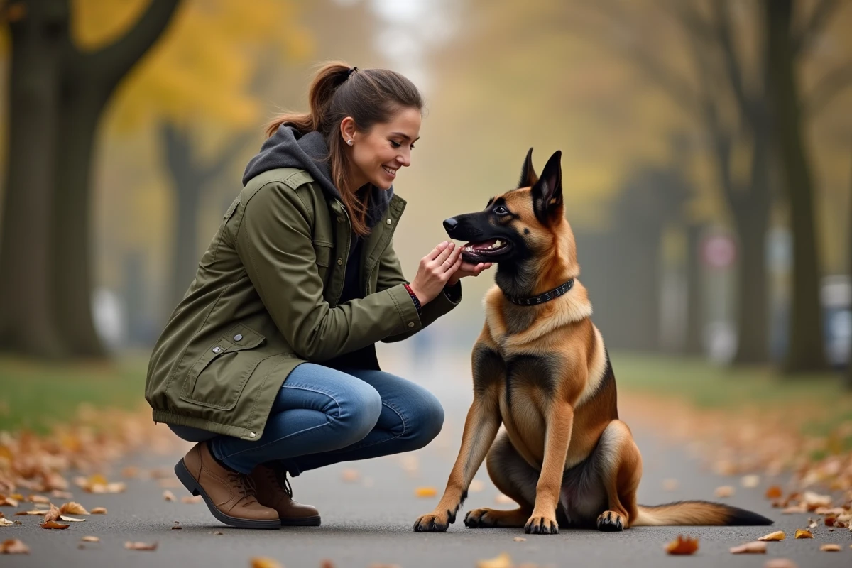 Propriétaire de malinois vérifiant la mâchoire et les dents de son chien dans un parc lors d'un contrôle de santé bucale