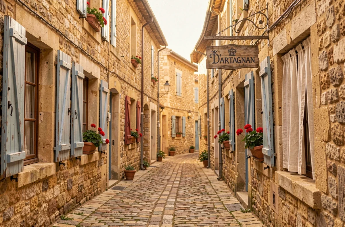 Rue pavée pittoresque d'un village gascon du Fezensac avec des bâtiments en pierre dorée et un panneau évoquant d'Artagnan