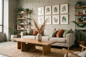 Salon moderne décoré avec des tons neutres et des accessoires tendance en terracotta et vert sauge pour une décoration intérieure inspirante