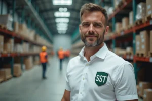 Sauveteur secouriste du travail portant le badge SST officiel dans un entrepôt industriel