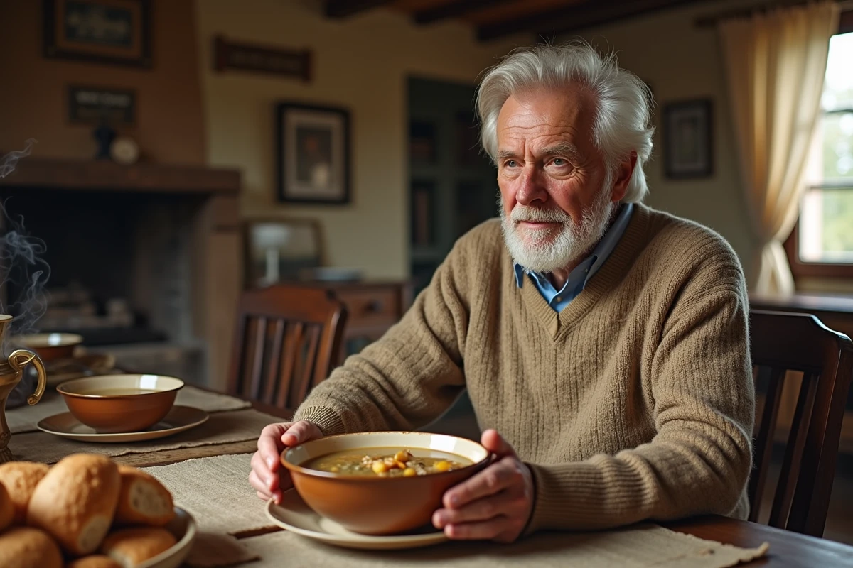 Homme âgé savourant une soupe de pied de porc maison riche en collagène pour soulager l'arthrose et renforcer les articulations