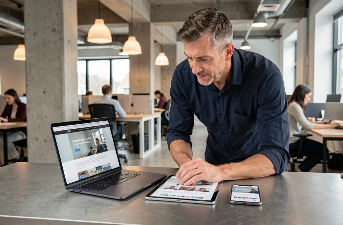 Homme comparant l'affichage d'un site web sur ordinateur, tablette et smartphone dans un espace de coworking