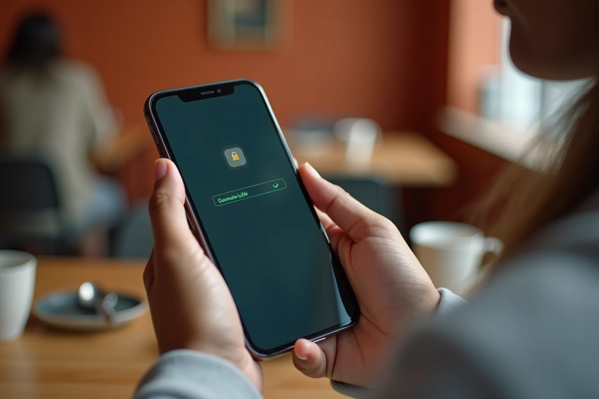 Gros plan sur smartphone affichant l'adresse sécurisée d'un site de films en streaming dans un café