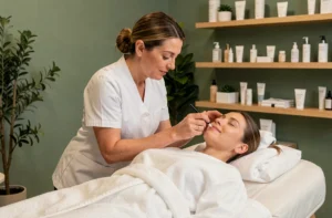 Esthéticienne professionnelle appliquant un soin visage à une cliente dans un institut de beauté haut de gamme au décor minimaliste