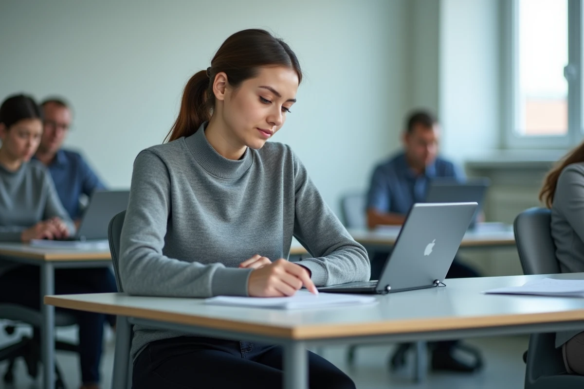 Stagiaire de la police nationale prenant des notes lors d'une formation en ligne sur tablette dans un centre de formation