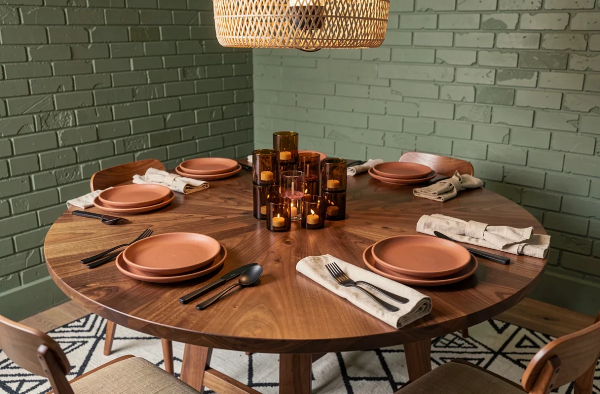 Table à manger ronde en noyer dressée avec de la vaisselle en grès terracotta, linge de table en lin et bougeoirs en verre ambré, tendances déco Cherry Déco