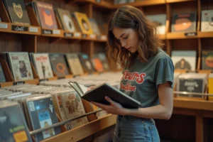 Jeune femme découvrant des vinyles dans un magasin de disques indépendant, tendances musicales 2024