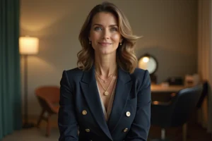 Femme élégante en blazer marine et bijoux dorés dans les coulisses d'un plateau télévision