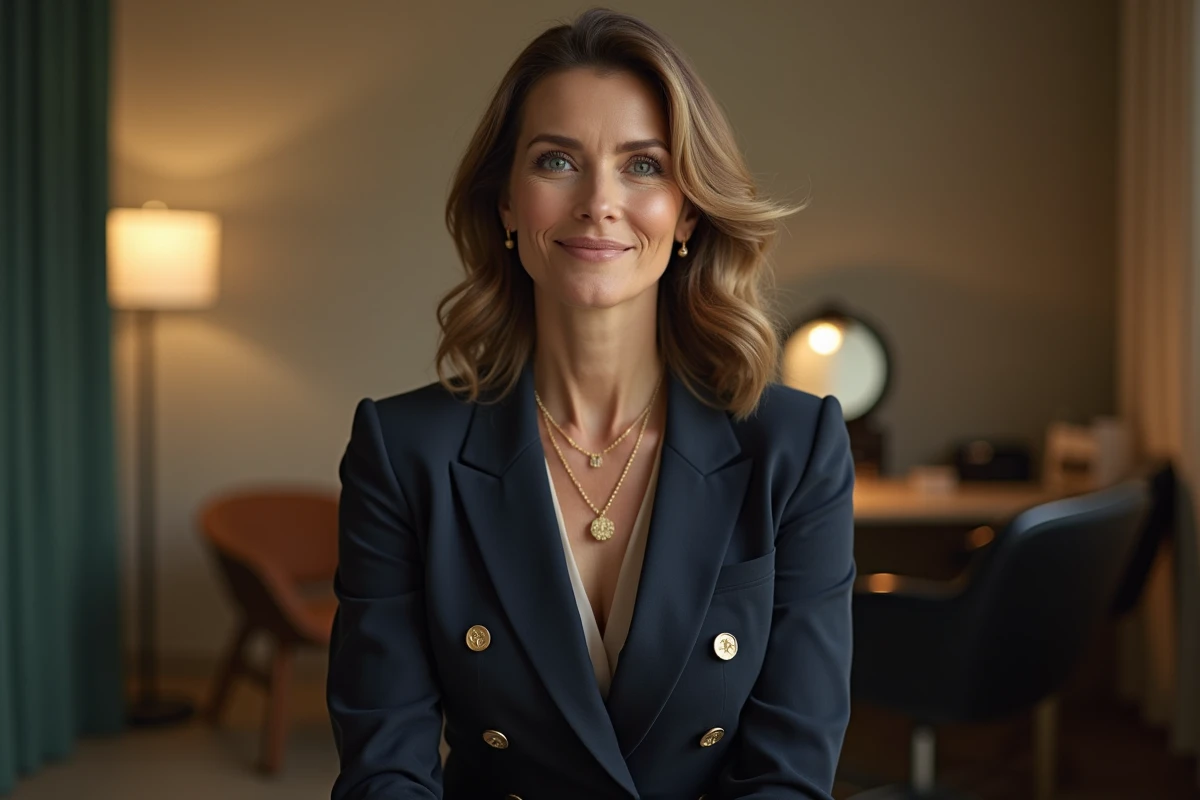 Femme élégante en blazer marine et bijoux dorés dans les coulisses d'un plateau télévision