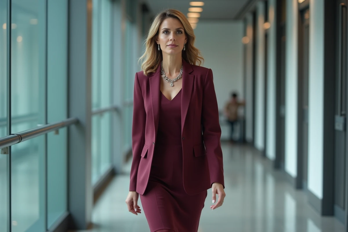 Femme en tenue bordeaux avec collier statement marchant dans les couloirs d'un bâtiment de télévision moderne