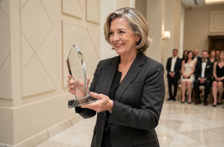 Femme recevant un trophée de la maison lors d'une cérémonie de remise de prix pour l'innovation dans l'habitat