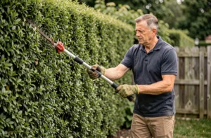 Homme d'âge mûr utilisant un taille-haie télescopique pour tailler une haute haie de buis dans un jardin suburban