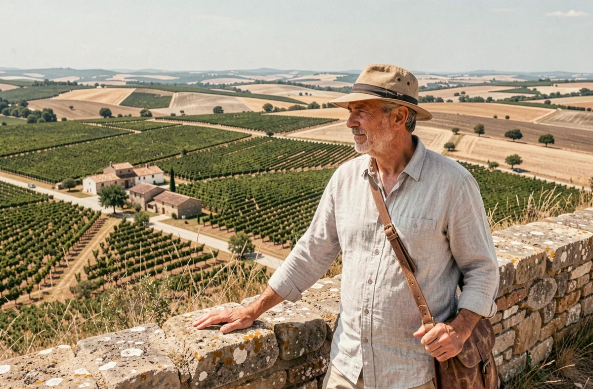 Voyageur contemplant le paysage vallonné de l'Armagnac depuis un promontoire dans le territoire de Fezensac
